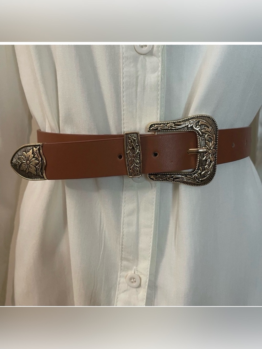 Brown PU leather gold tone buckle skinny belt